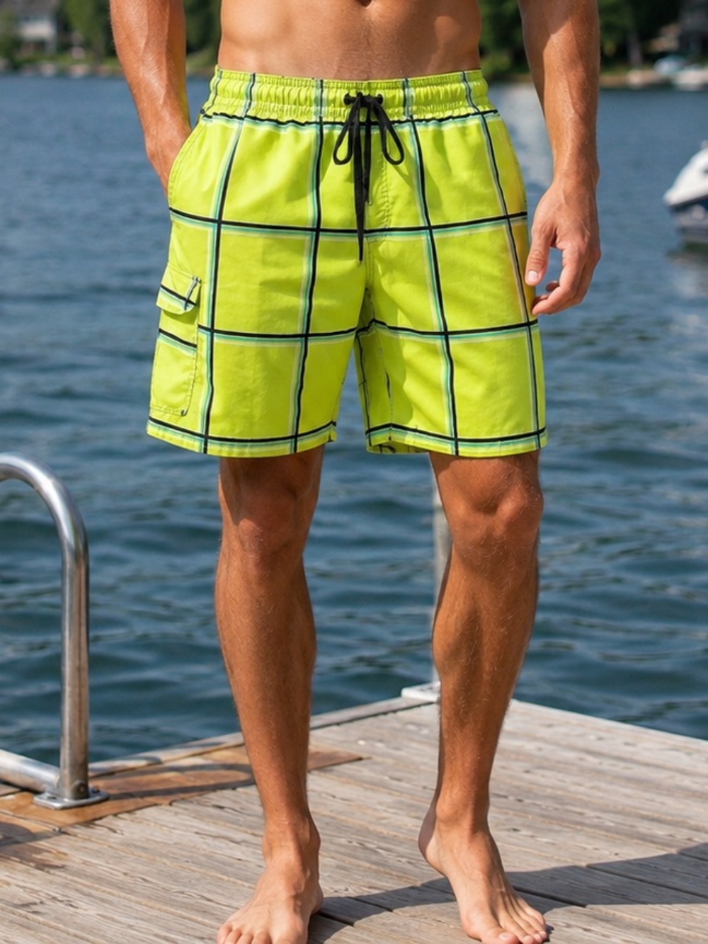 Burnside Neon Plaid Swim Trunks Size M 
Summer Vacation Resortwear Lake Holiday
